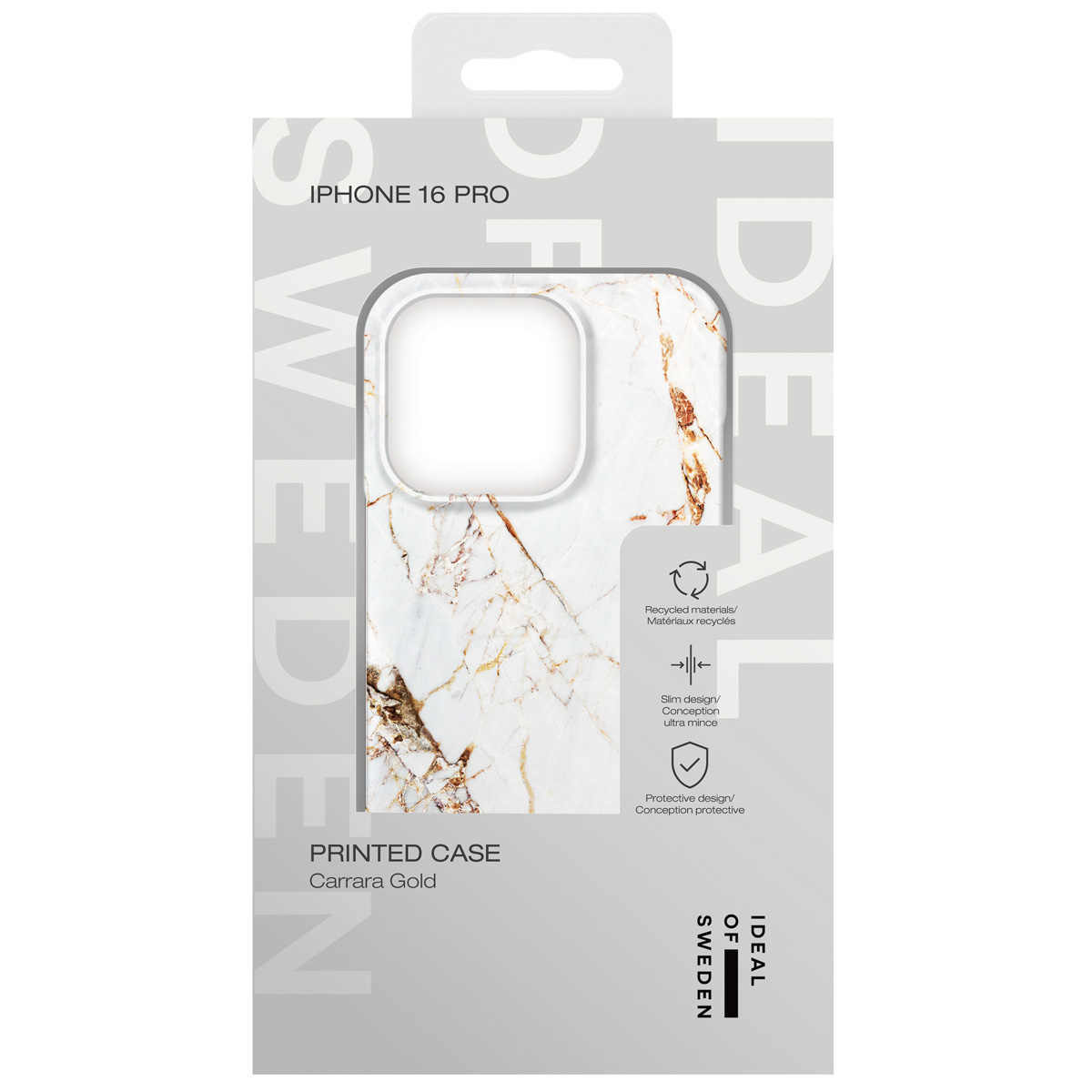 Funda iPhone 16 Pro con estampado de mármol Carrara Gold, de Ideal of Sweden.