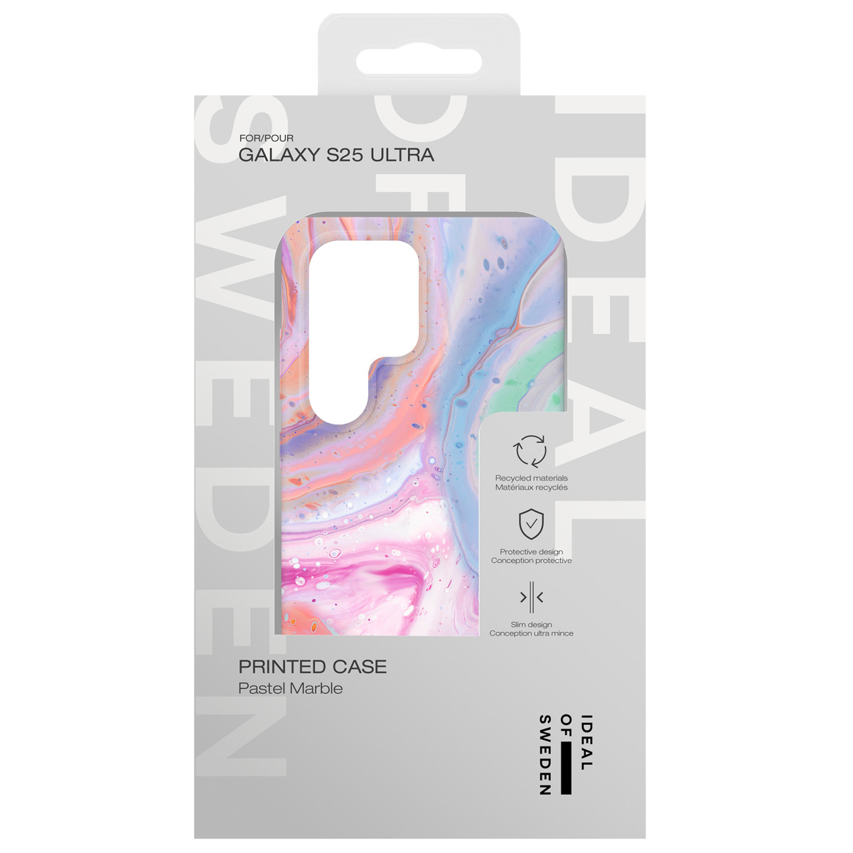 Verpackung für eine Handyhülle mit Marmormuster in Pastelltönen für ein Galaxy S25 Ultra.