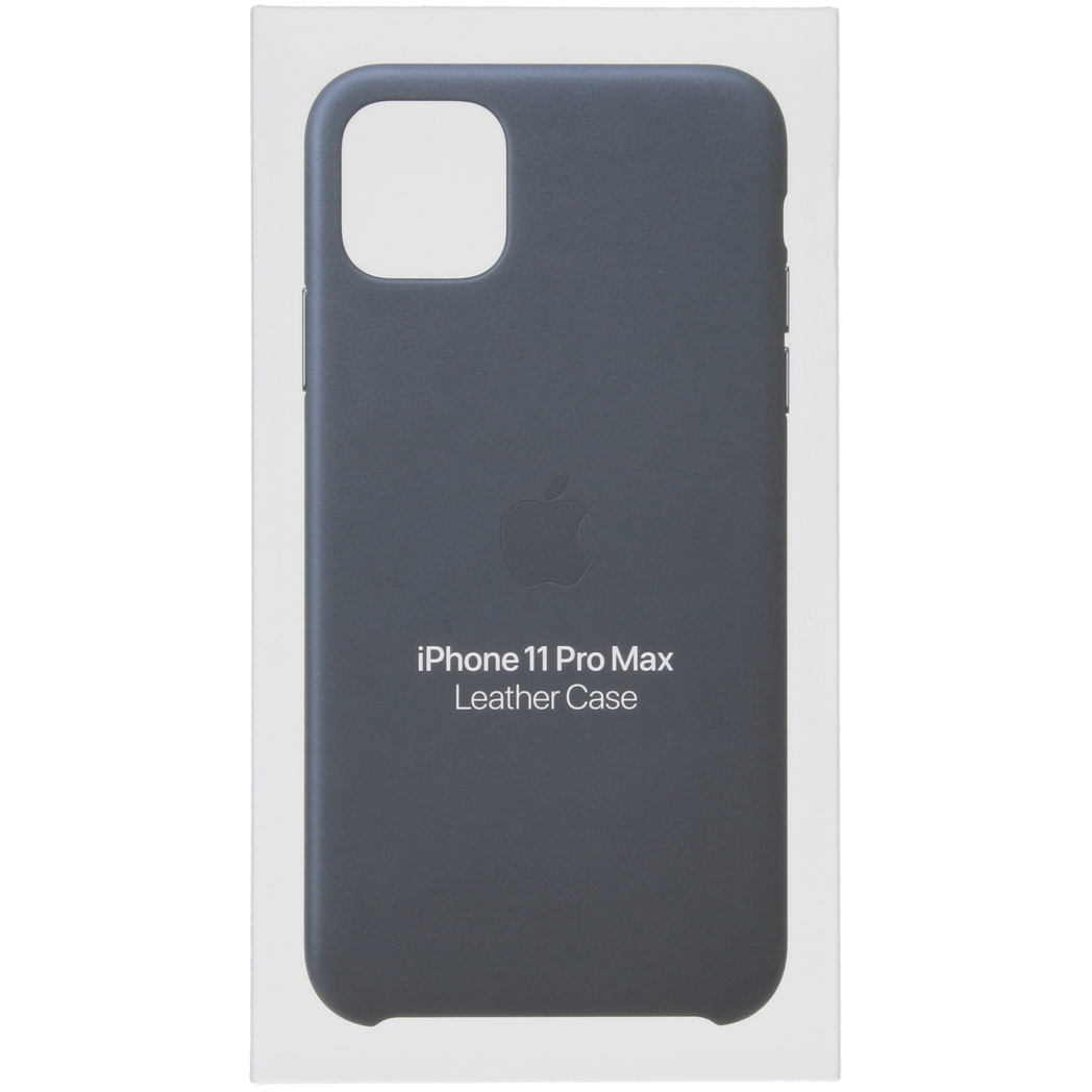 Donkergrijs leren hoesje voor iPhone 11 Pro Max met Apple logo in doos.