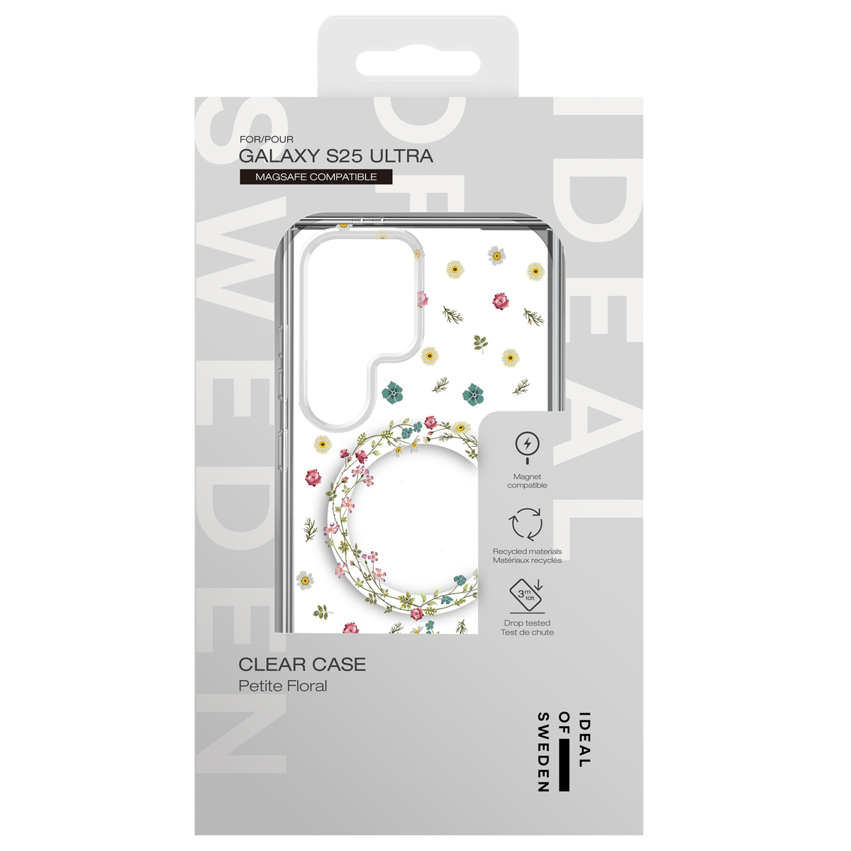 Verpackung für eine Galaxy S25 Ultra Handyhülle mit Blumenmuster.