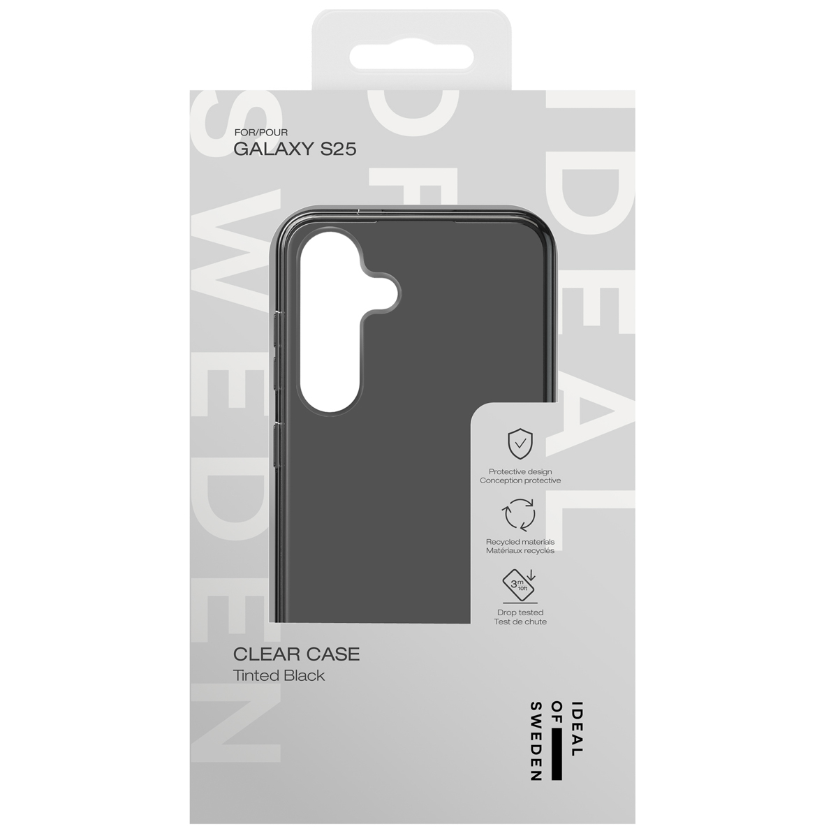 Verpackung für eine durchsichtige, getönte schwarze Handyhülle für das Galaxy S25.