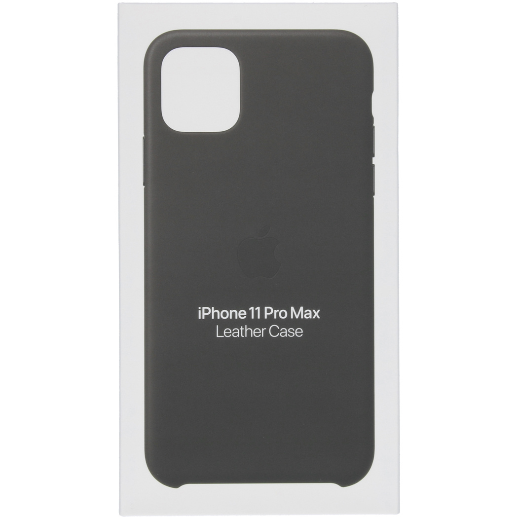 Funda de cuero gris oscuro iPhone 11 Pro Max con logo Apple y texto.