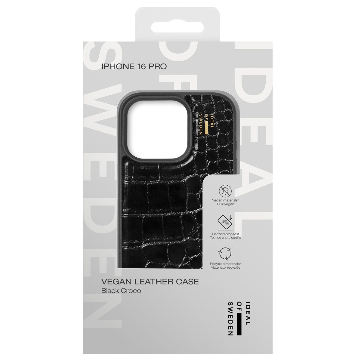 Schwarze vegane Lederhülle für iPhone 16 Pro mit Krokoprägung.