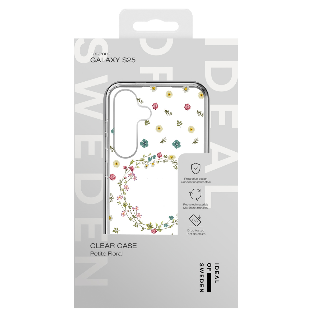Verpackung für eine Galaxy S25 Hülle mit Blumenmuster. "Petite Floral".