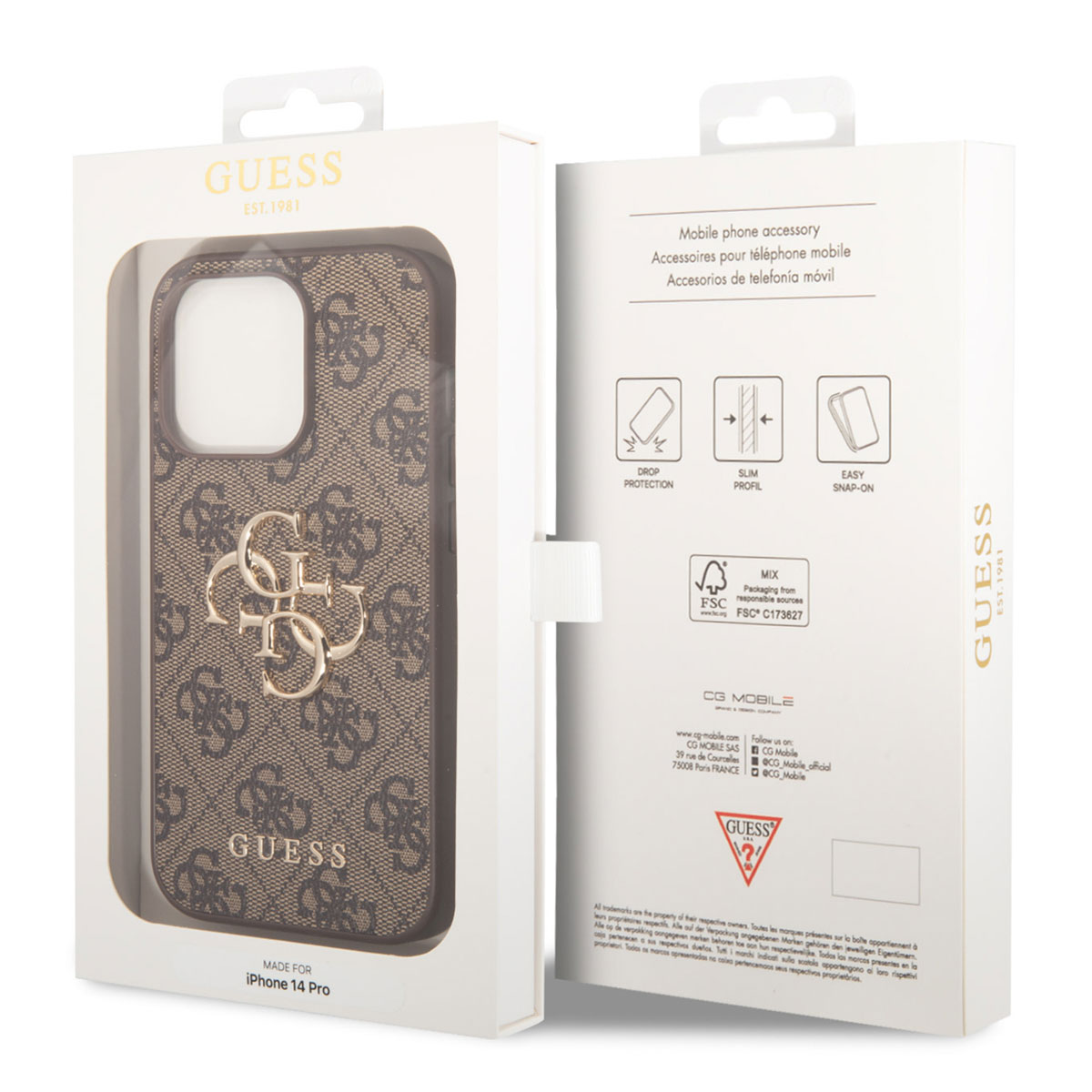 Custodia Guess iPhone 14 Pro in confezione marrone con logo stampato e dorato.