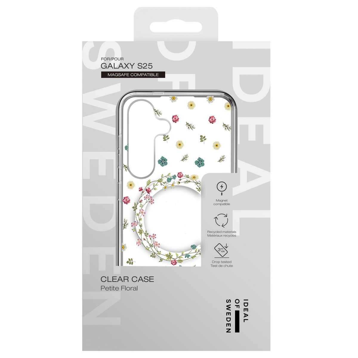 Transparente Hülle für Galaxy S25 mit zartem Blumenmuster, MagSafe-kompatibel.