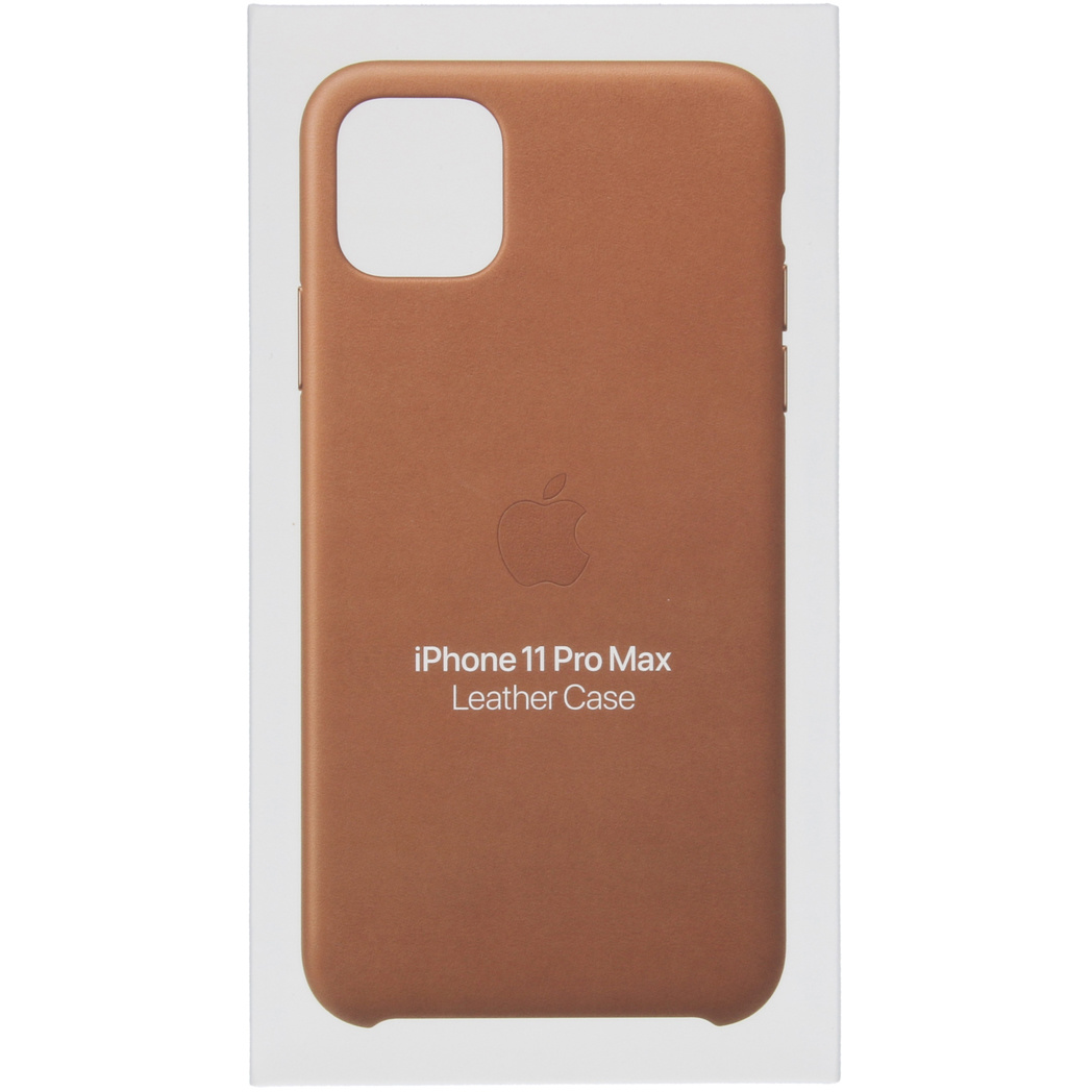 Bruine lederen hoes voor iPhone 11 Pro Max met Apple logo.