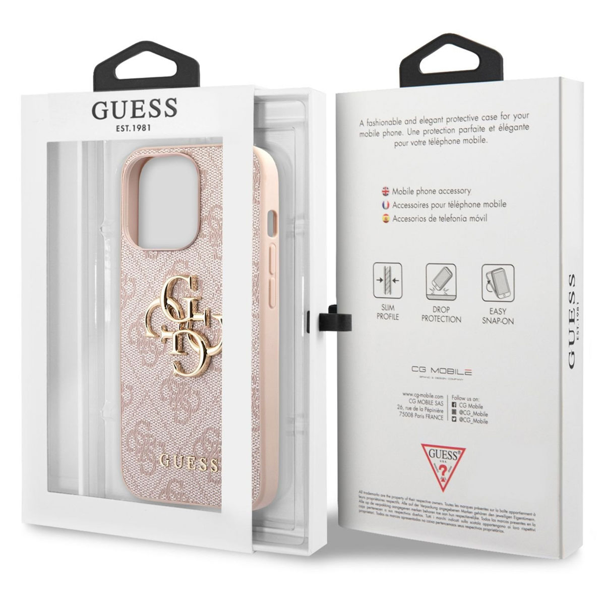 Guess Handyhülle in Rosa mit Logo, im Karton.