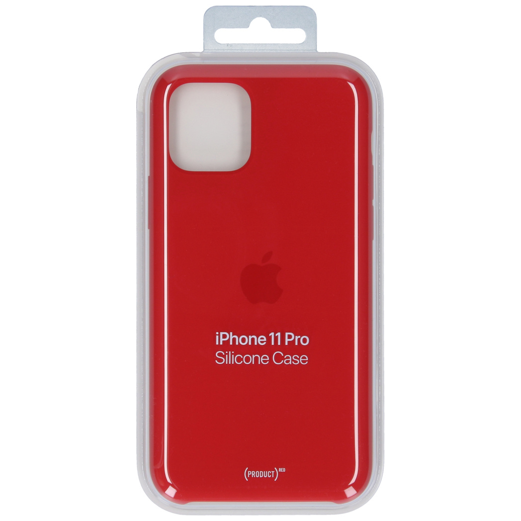 Funda de silicona roja iPhone 11 Pro en caja plástica transparente.