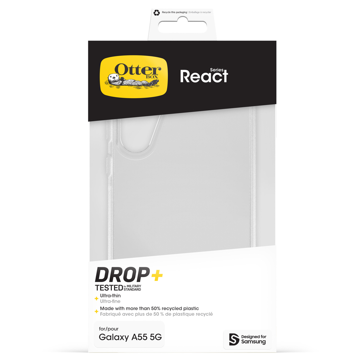 OtterBox React hoesje voor Galaxy A55 5G, gemaakt van gerecycled plastic.