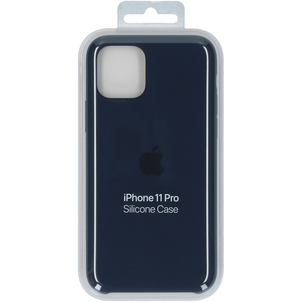 Donkerblauwe iPhone 11 Pro siliconen hoes in doorzichtige verpakking.