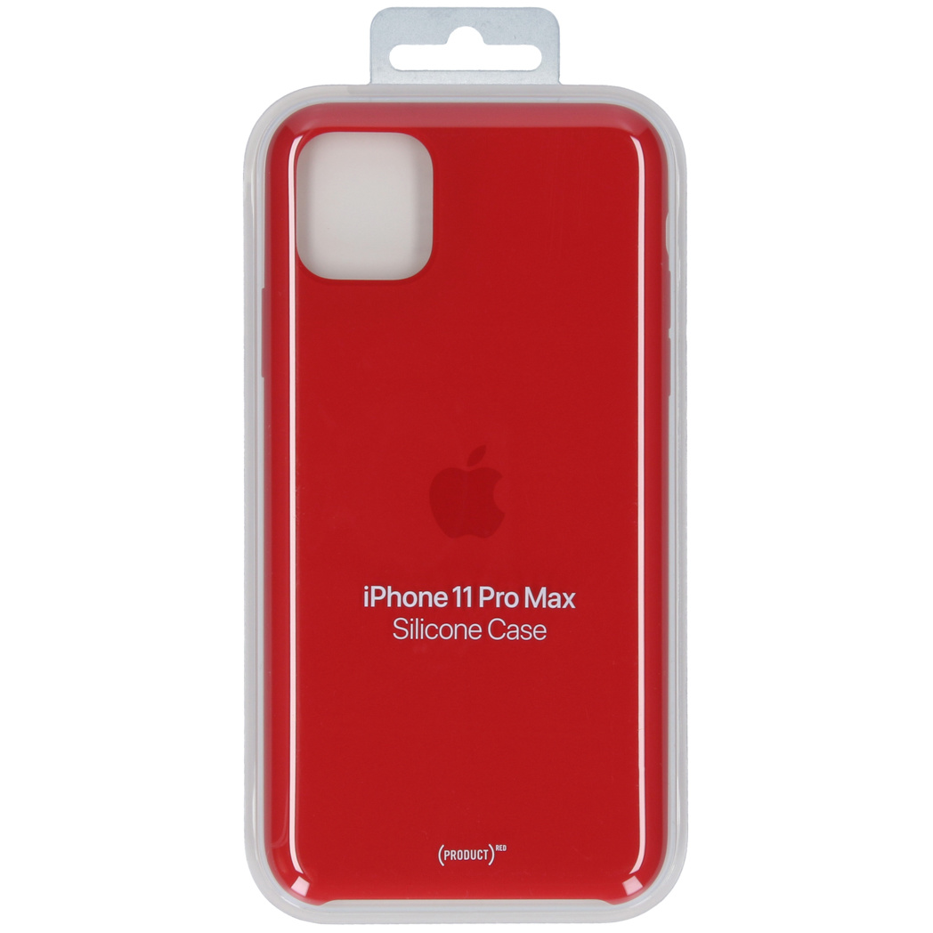 Coque en silicone rouge pour iPhone 11 Pro Max dans emballage.