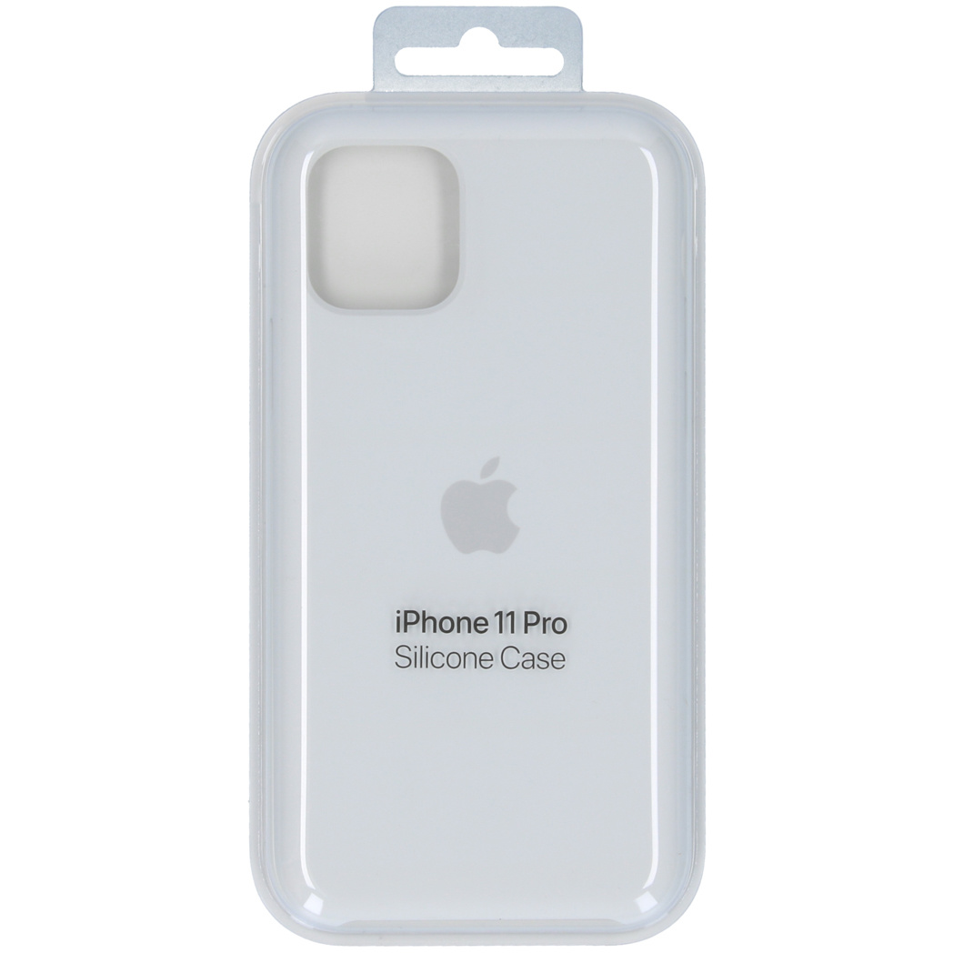 Weiße iPhone 11 Pro Silikonhülle mit Apple Logo, in Verpackung.