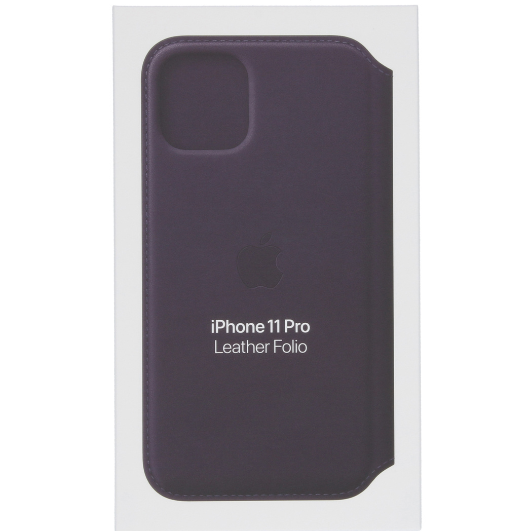 Purple leather folio case for iPhone 11 Pro with Apple logo.