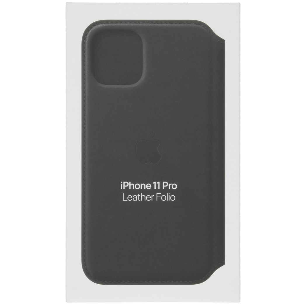 Dark gray iPhone 11 Pro Leather Folio with Apple logo in a white box.