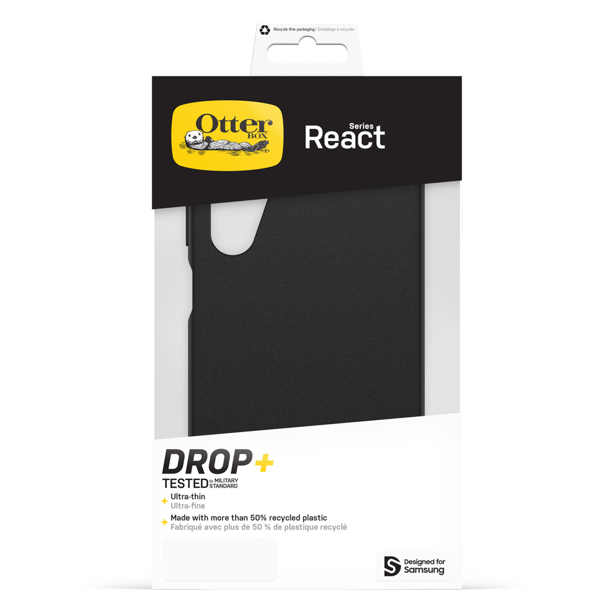 OtterBox React telefoonhoes met "DROP+" bescherming en "Ontworpen voor Samsung" logo.