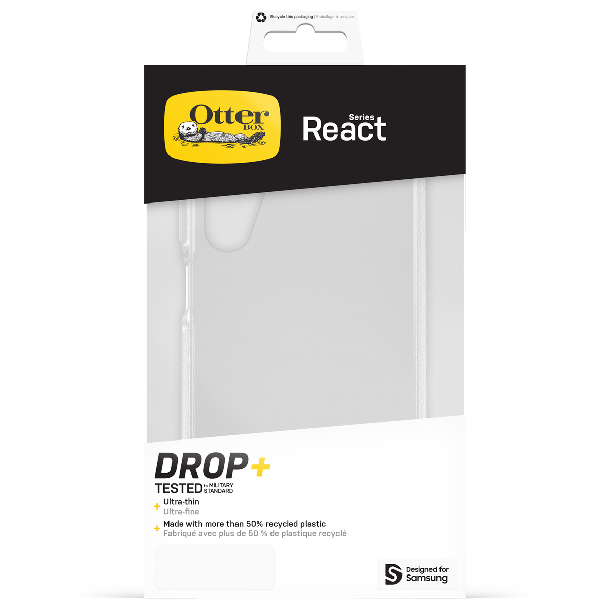 OtterBox React hoesje voor Samsung, Drop+ getest, ultradun, van gerecycled plastic.
