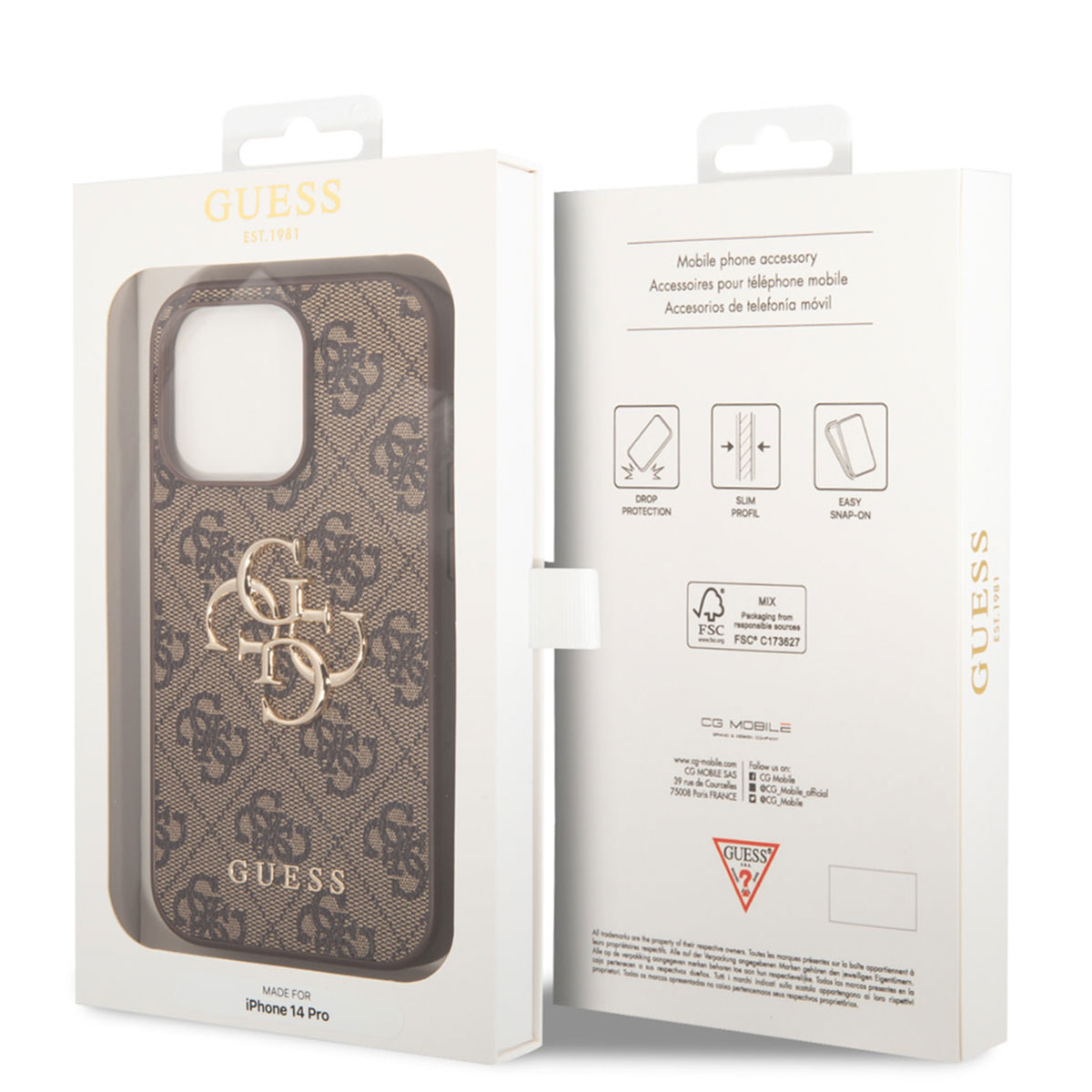 Custodia Guess iPhone 14 Pro, marrone con logo GUESS, in confezione con caratteristiche.