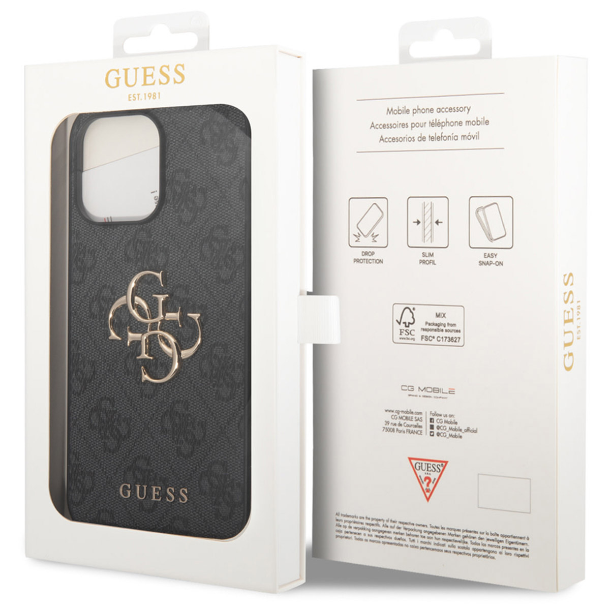 Graue GUESS Handyhülle mit goldener Logo-Prägung und Verpackung.