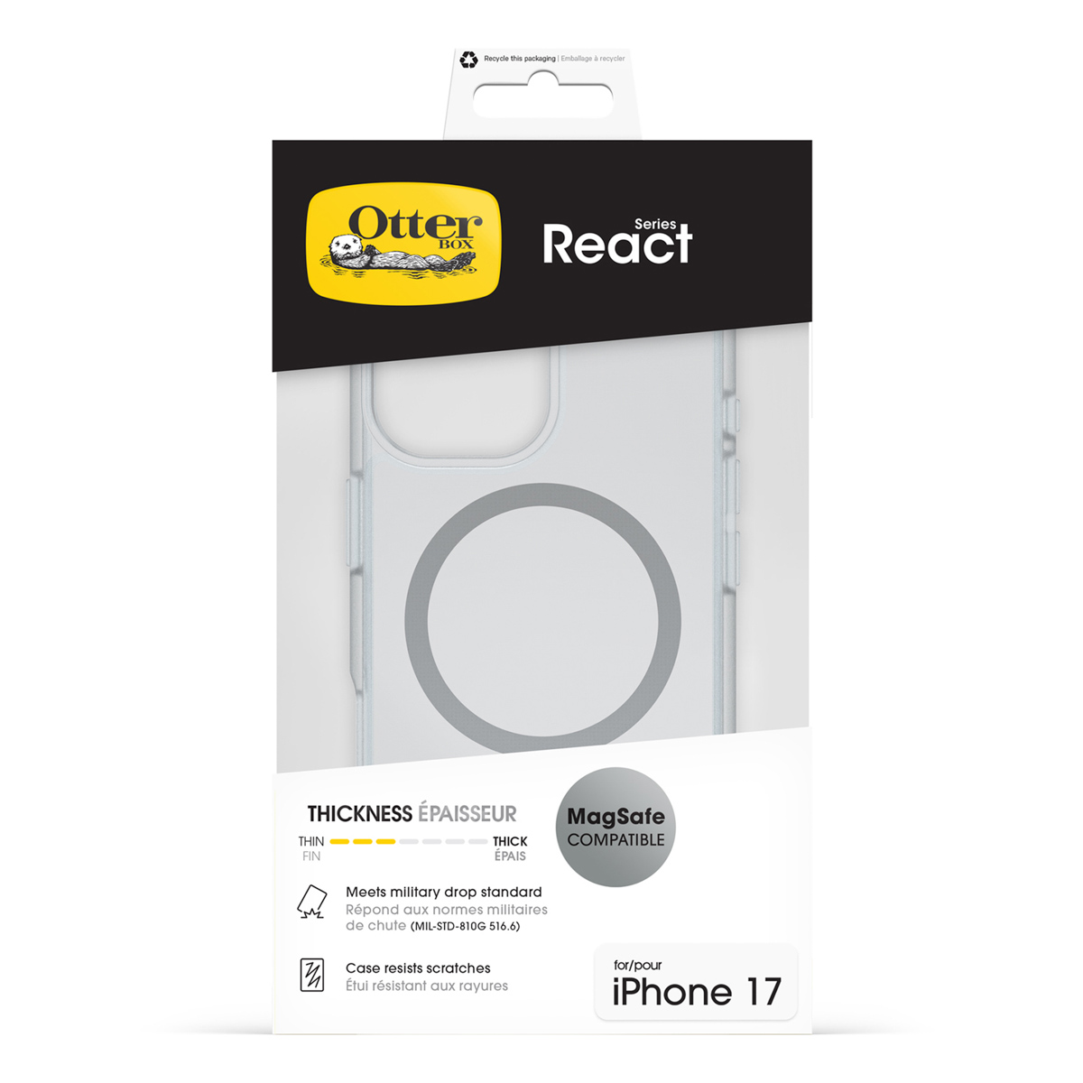 OtterBox React hoesje voor iPhone 17 met MagSafe-compatibiliteit en valbescherming.