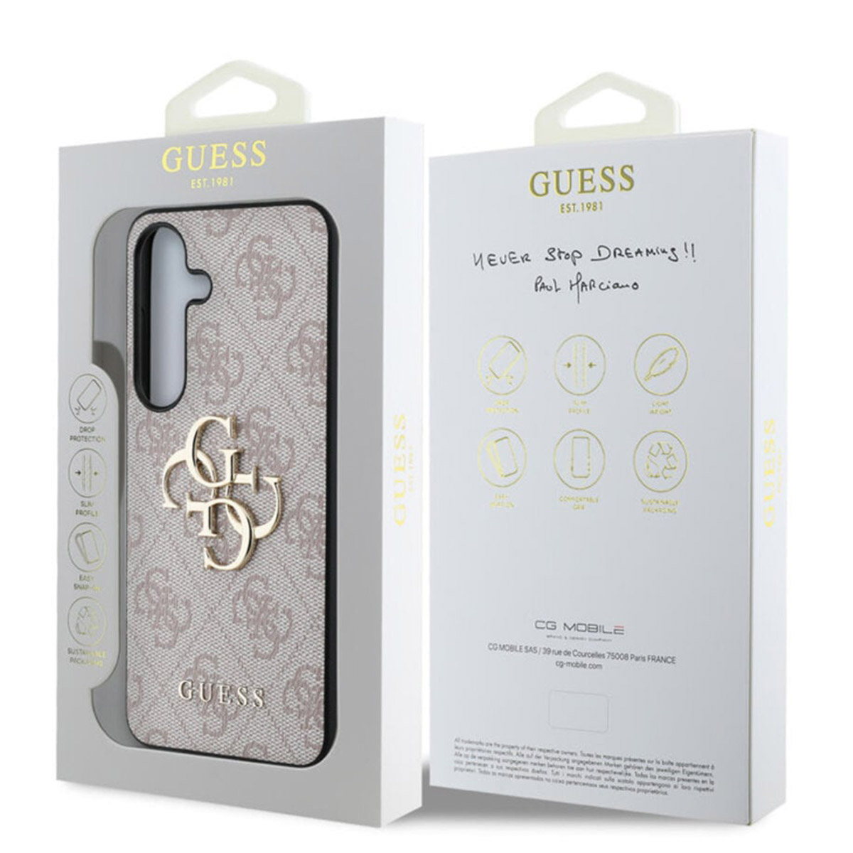 Custodia Guess per telefono con motivo monogramma e grande logo GUESS in confezione.