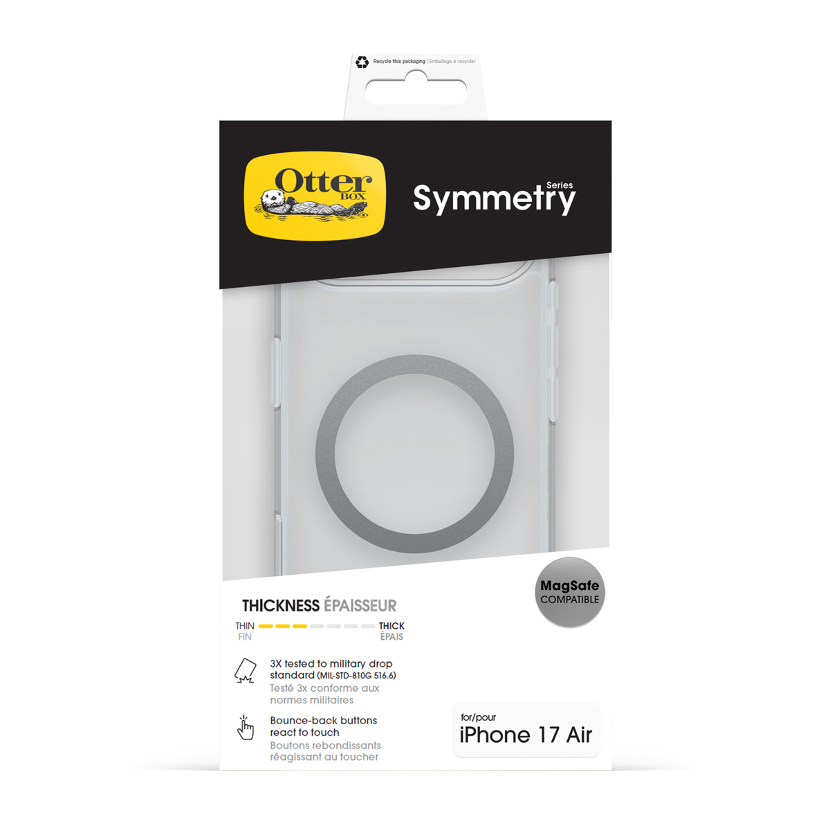 Coque OtterBox Symmetry pour iPhone 17 Air, compatible MagSafe, testée chutes militaires.