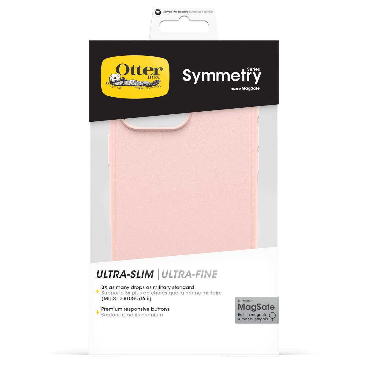 Confezione custodia OtterBox Symmetry MagSafe in rosa.