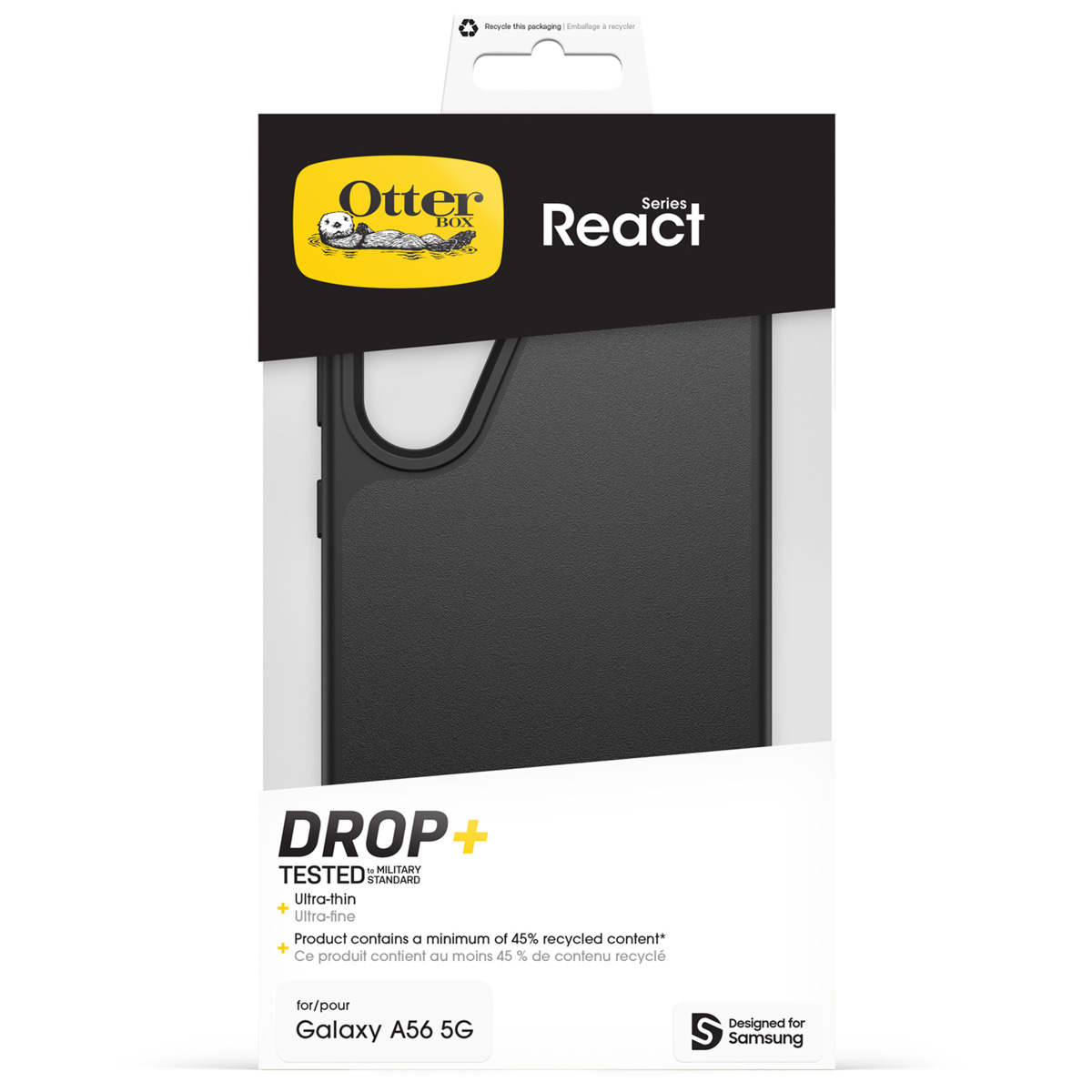 Coque OtterBox React pour Galaxy A56 5G, noire, contenu recyclé.