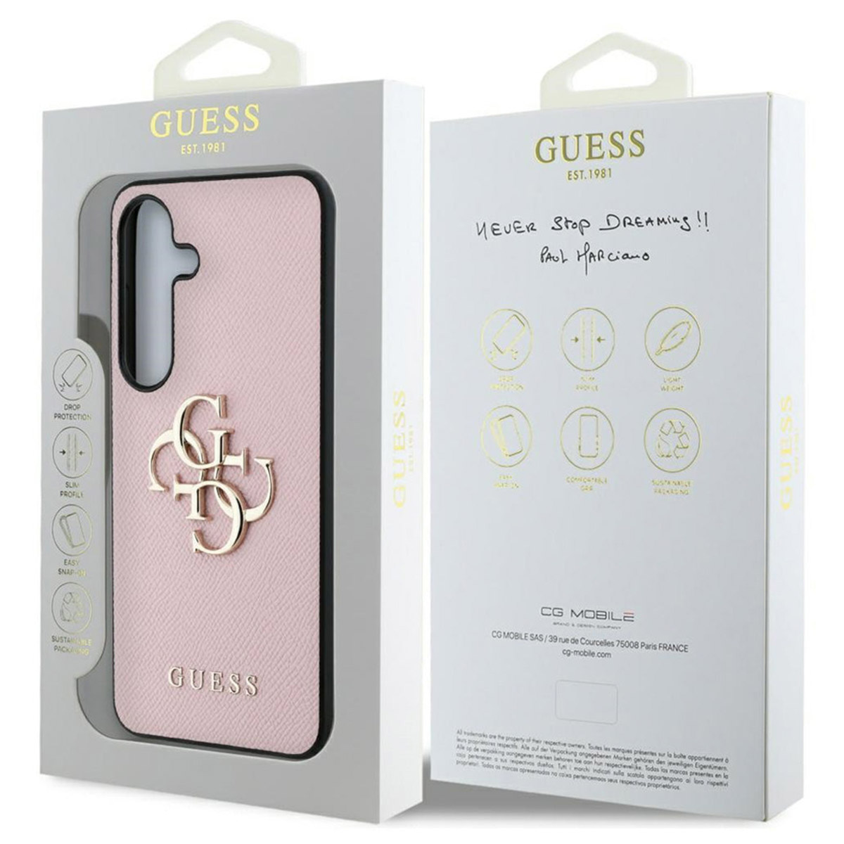Una cover rosa Guess con logo dorato sul davanti e la sua confezione.