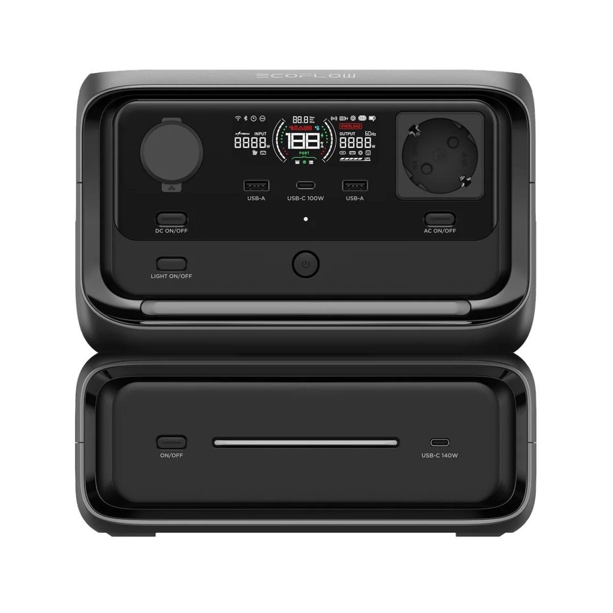 Stazione di alimentazione EcoFlow nera con display digitali, USB-A, USB-C e prese AC.