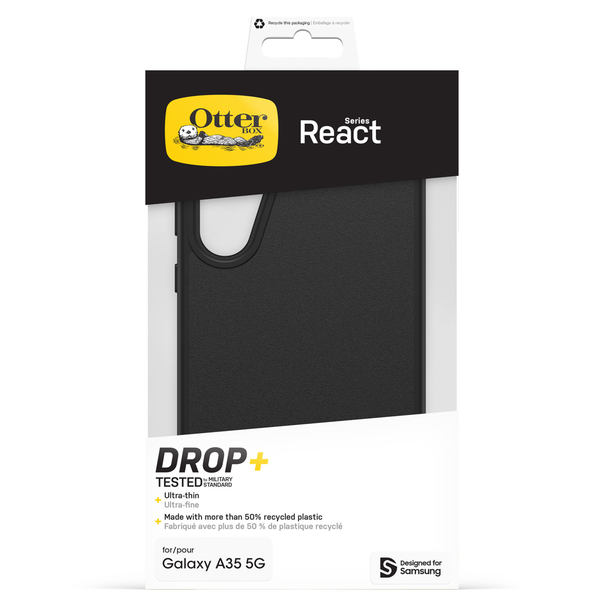 OtterBox React hoesje voor Galaxy A35 5G, zwart, van gerecycled plastic.