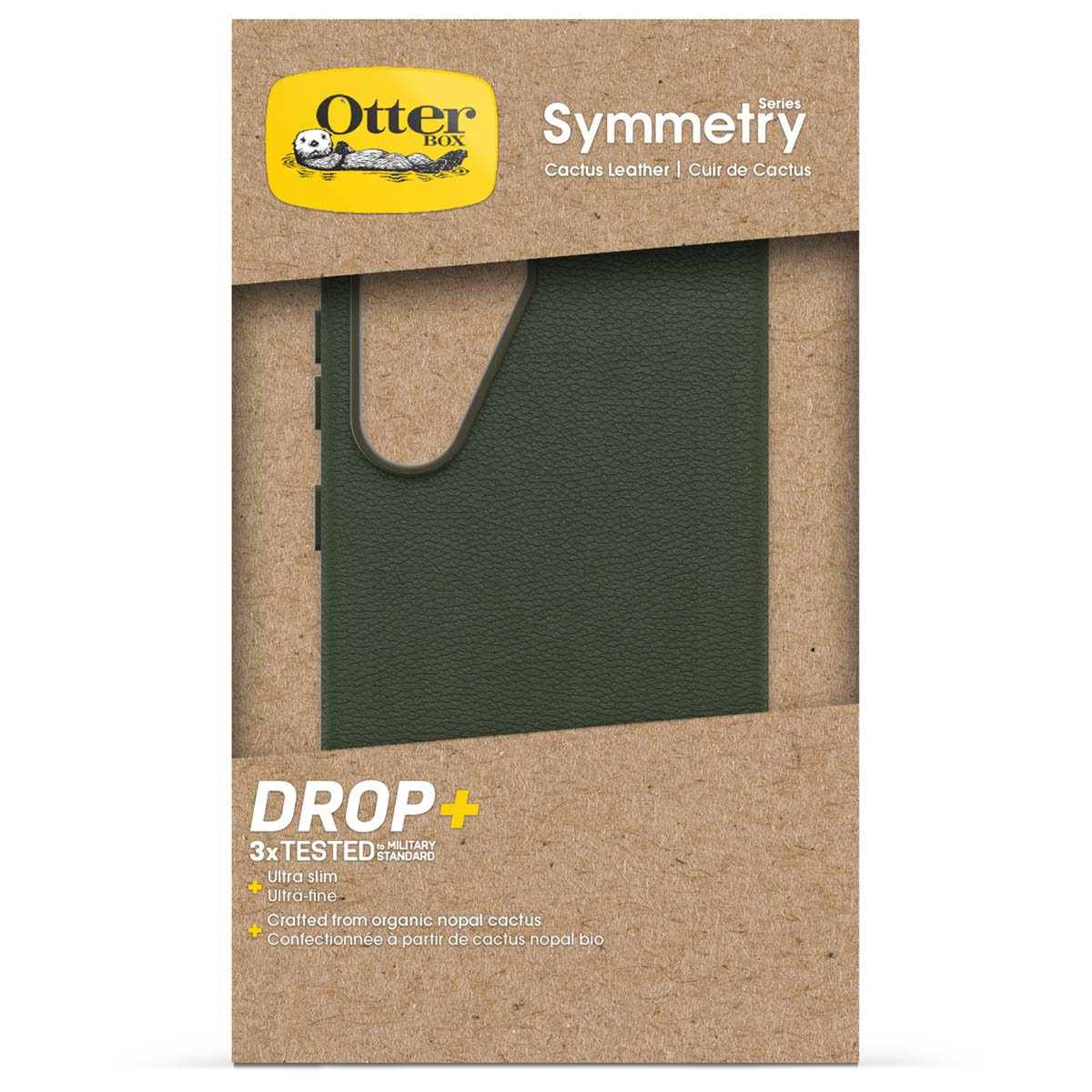 Otterbox Symmetry hoes verpakking met groene cactuslederen textuur.