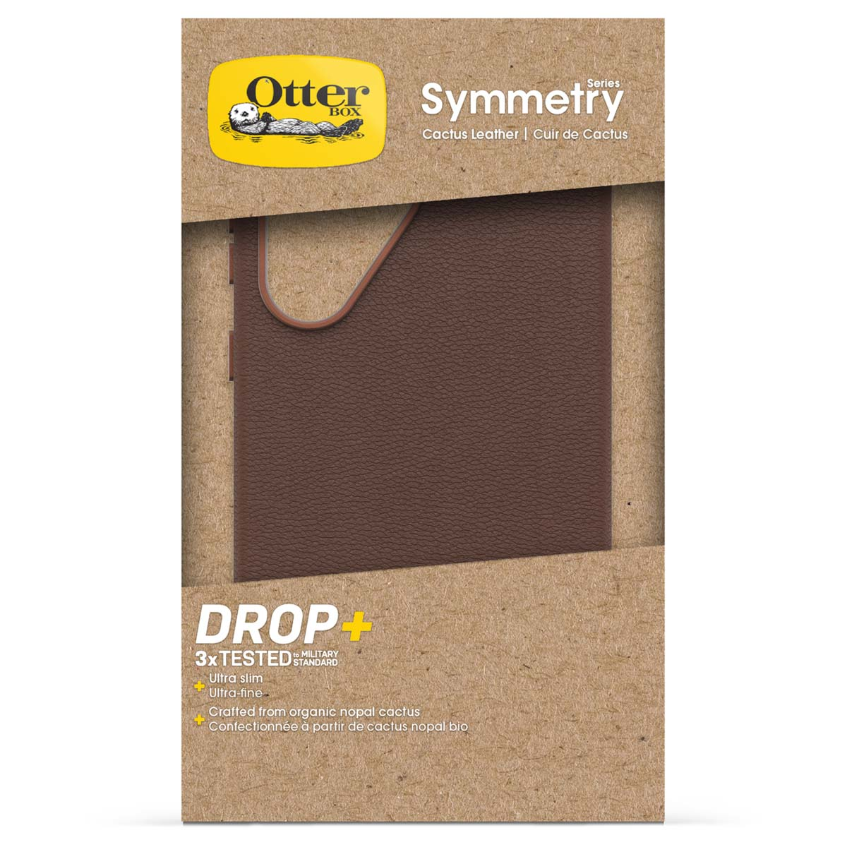 Bruine OtterBox Symmetry hoes van cactusleer met logo en tekst.