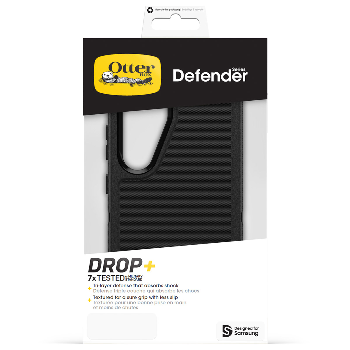 Coque noire OtterBox Defender avec logo "DROP+" et logo Samsung.
