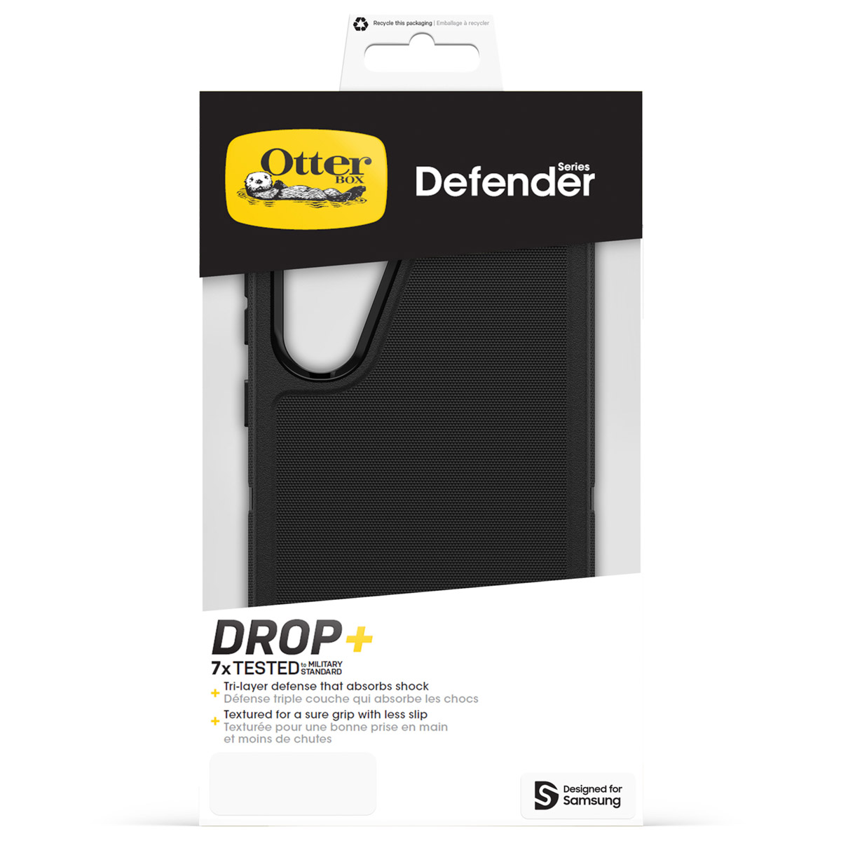 Zwarte OtterBox Defender telefoonhoes met tekst, schokabsorberend.