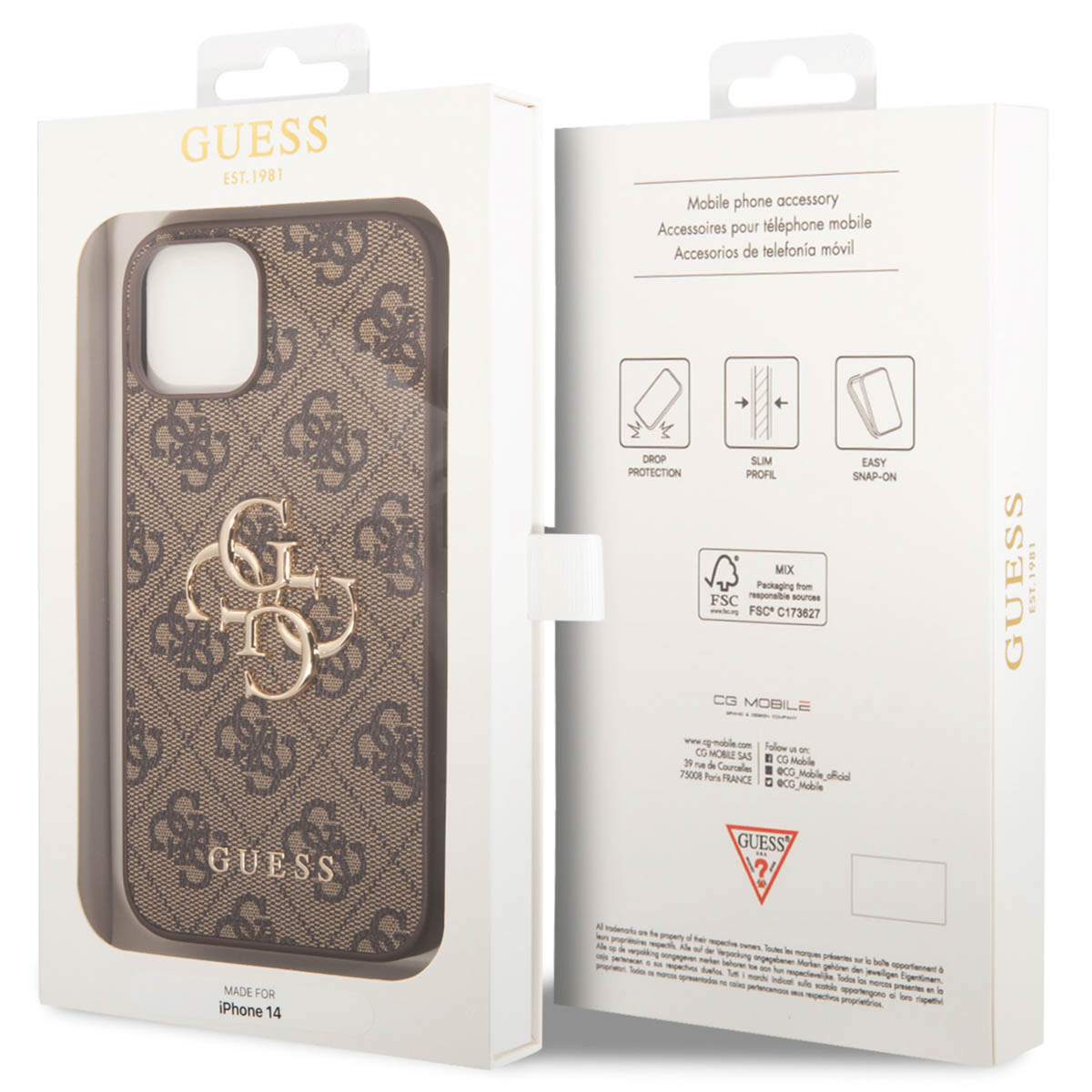 Custodia GUESS per iPhone 14 con motivo monogramma marrone e logo dorato.