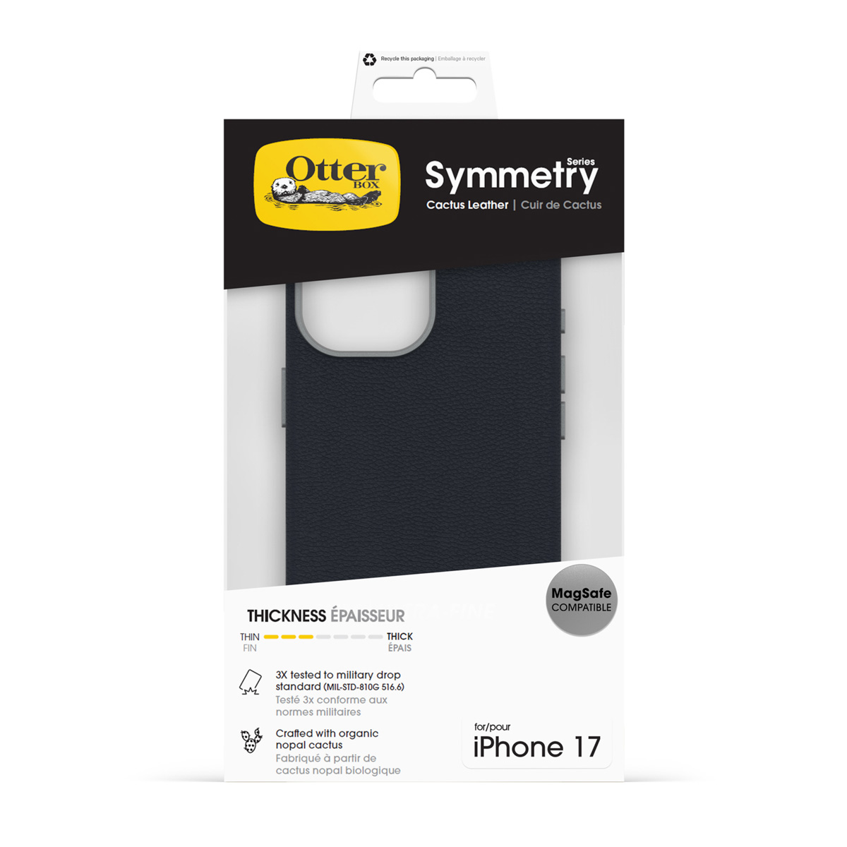 OtterBox Symmetry Handyhülle für iPhone 17 in Dunkelblau aus Kaktusleder.
