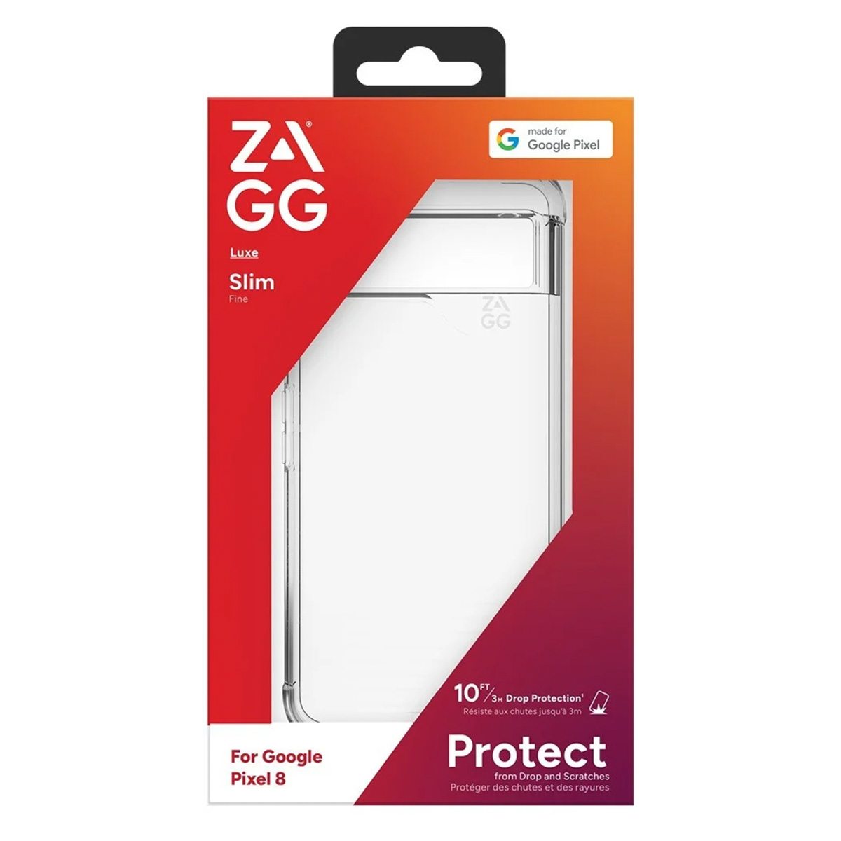 Verpakking voor een doorzichtige Zagg Google Pixel 8 hoes met 3m valbescherming.