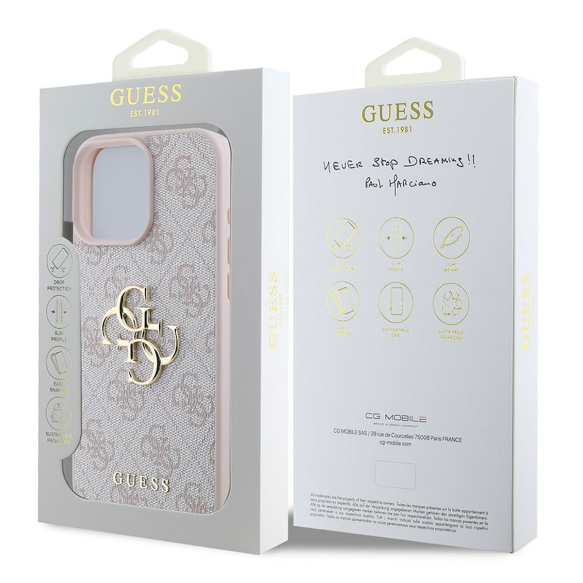 Guess iPhone Hülle in Packung mit Logos und Produktmerkmalen.