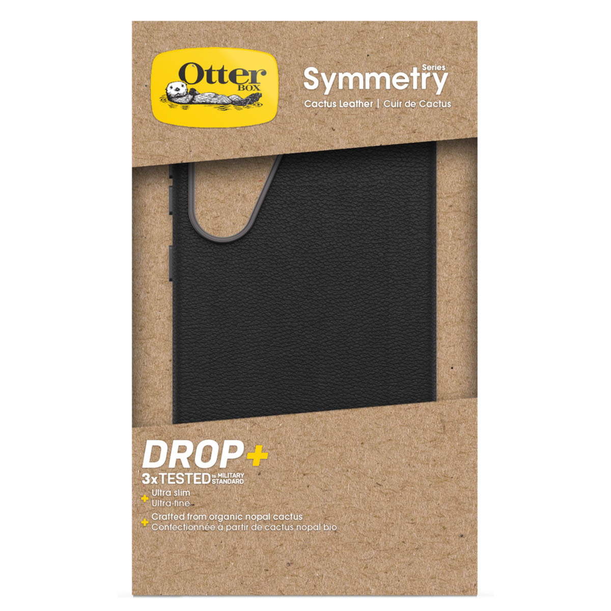 Étui Otterbox Symmetry noir en cuir de cactus avec étiquette "DROP+".