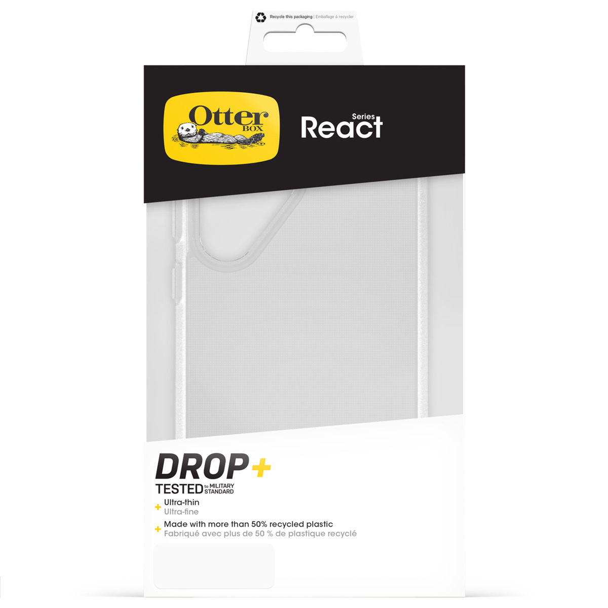 Otterbox React serie telefoonhoes verpakking. Valgetest, ultradun, gerecycled plastic.