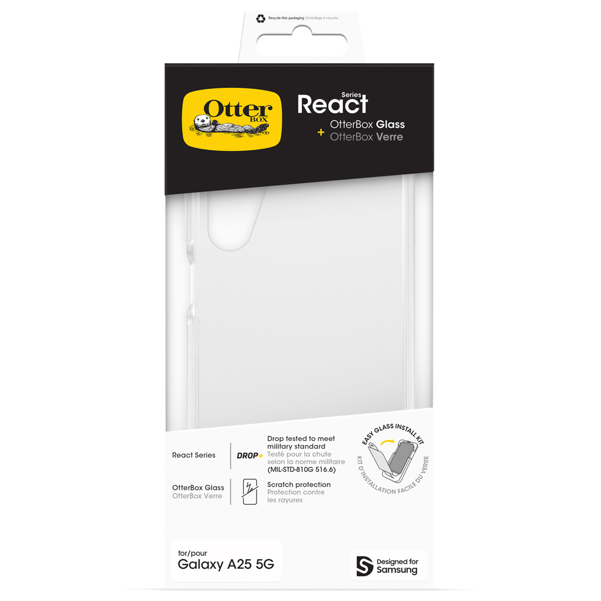 Coque OtterBox React pour Galaxy A25 5G avec protection chute et rayures.