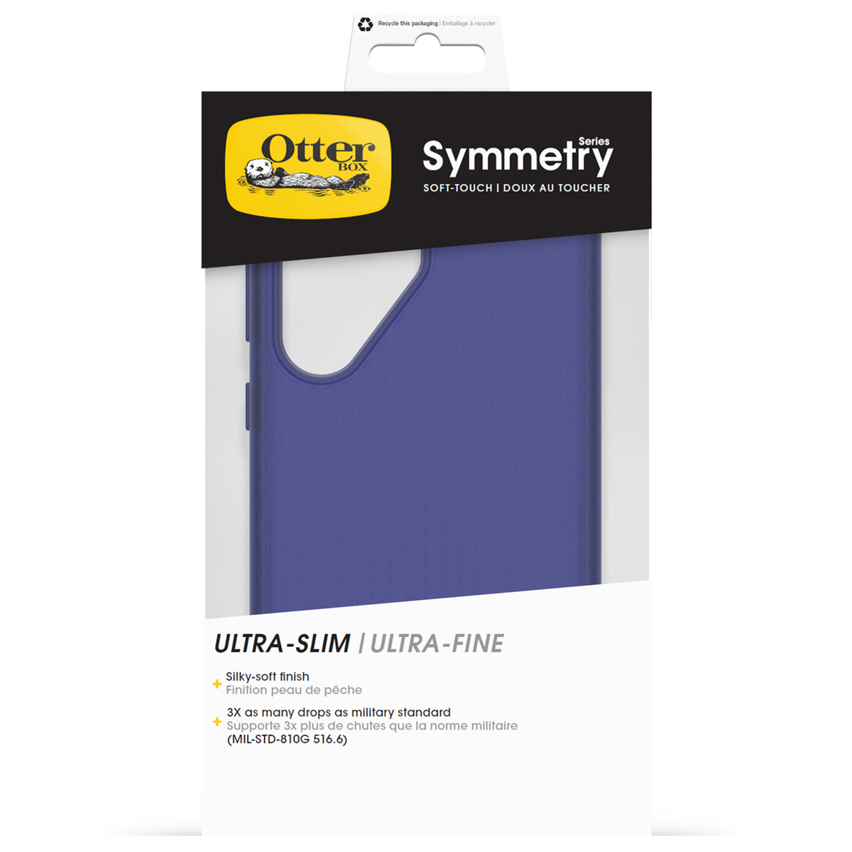 Custodia OtterBox Symmetry blu scuro, che ne dettaglia le caratteristiche.