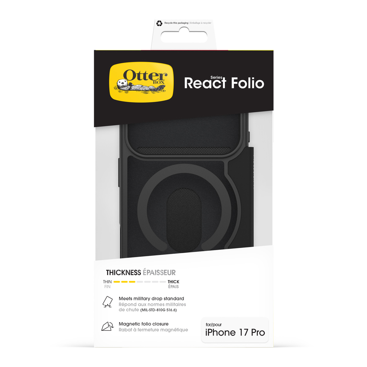 OtterBox React Folio hoesje voor iPhone 17 Pro, zwart, magnetische sluiting.