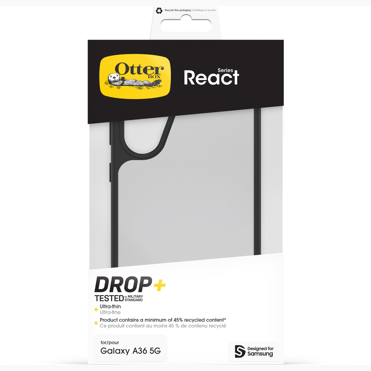 OtterBox React hoesje voor Galaxy A36 5G, Drop+ getest, ultradun, van 45% gerecycled materiaal.