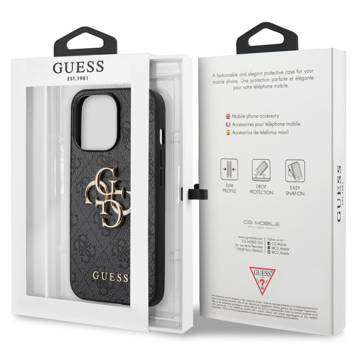 Schwarze GUESS Handyhülle mit goldenem Logo, verpackt in einer weißen Box.