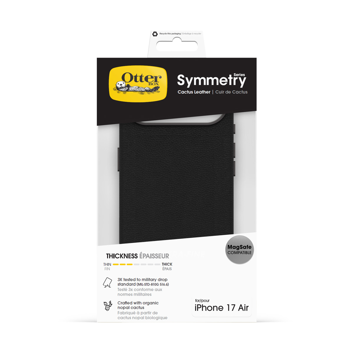 Étui OtterBox Symmetry iPhone 17 Air, cuir de cactus noir, compatible MagSafe.