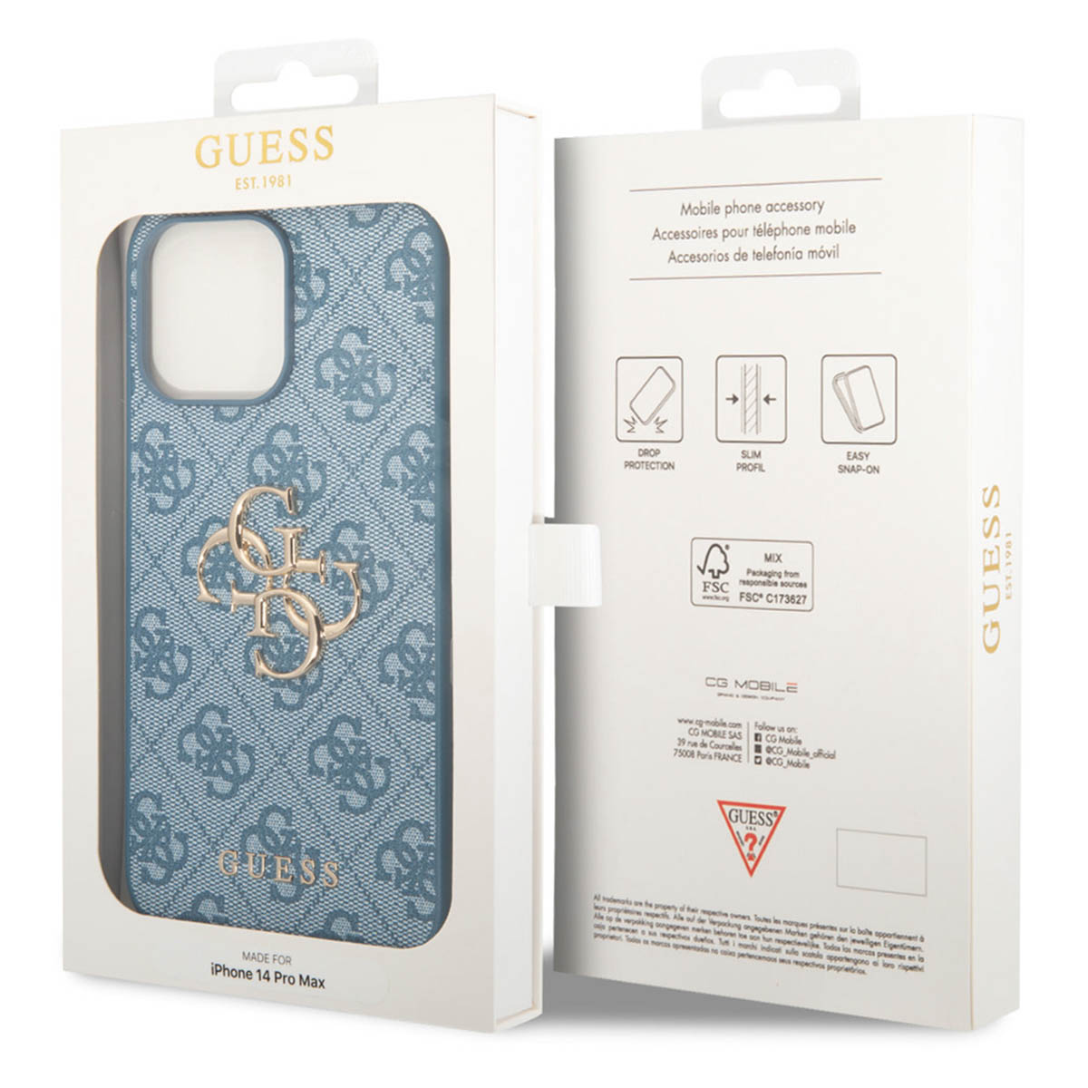 Eine blaue Guess Handyhülle mit GG-Logo für iPhone 14 Pro Max.