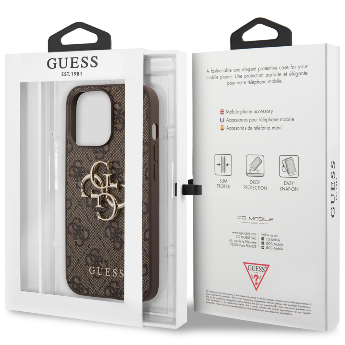 Custodia Guess in fantasia monogramma marrone con logo dorato, in confezione.
