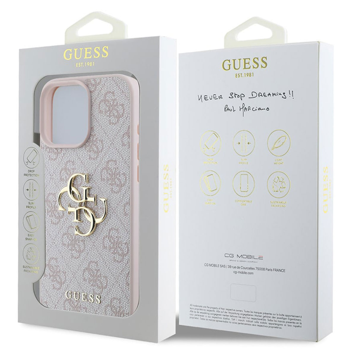 Guess Handyhülle mit Monogramm-Muster und goldenem Logo auf der Vorderseite.
